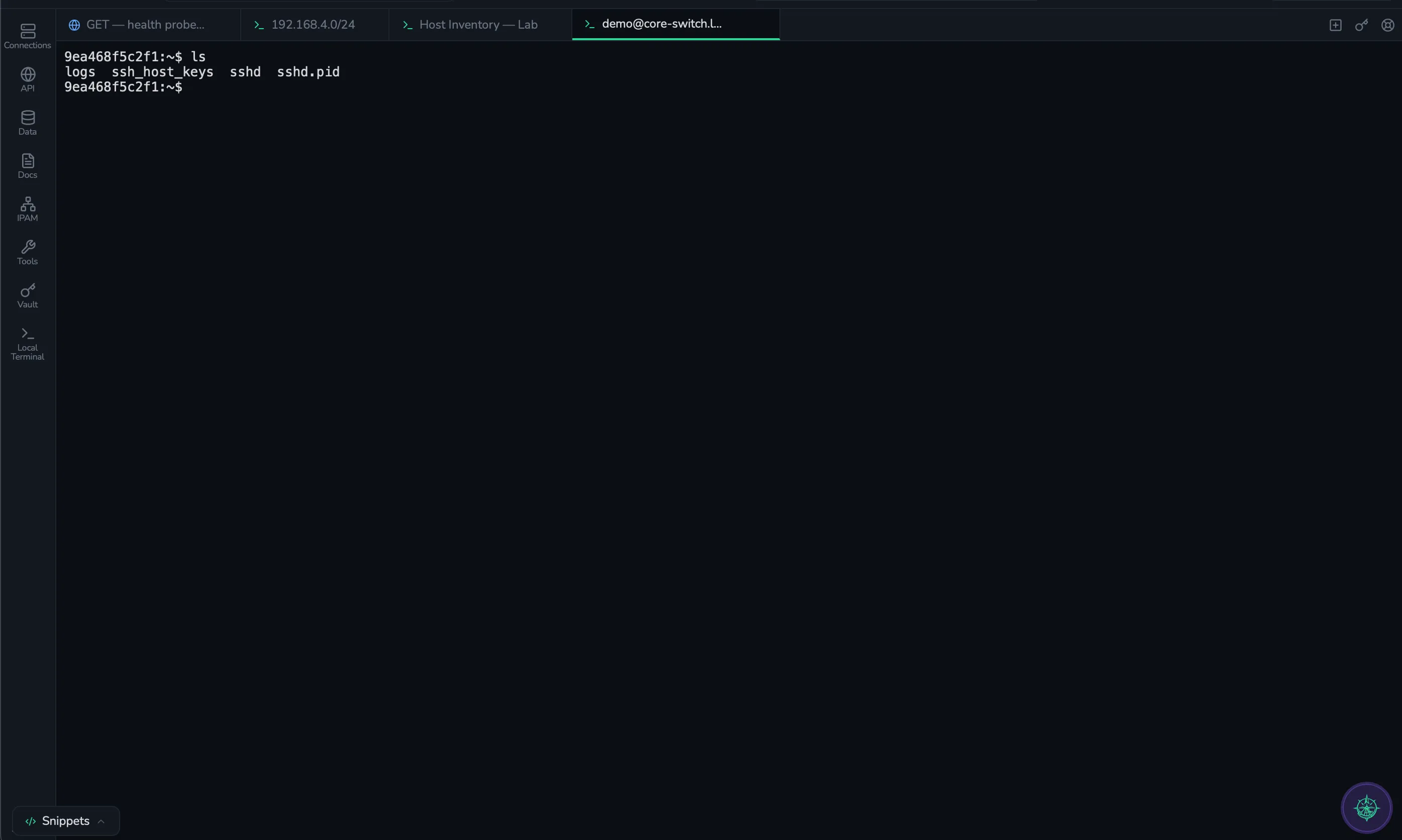 ShellYard Connections — folder tree of SSH, RDP, and embedded-browser entries with details panel.
