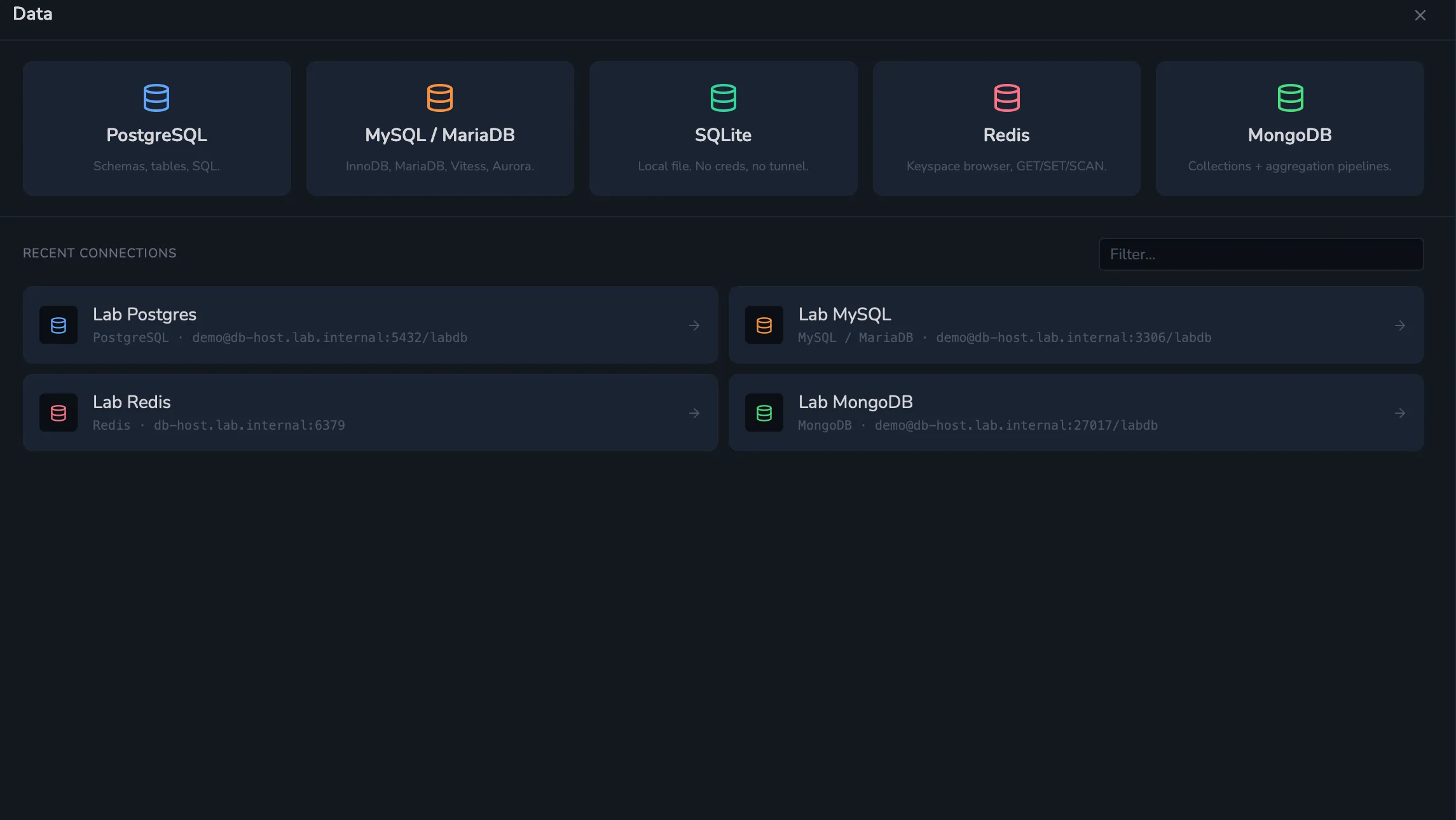 ShellYard Data Inspector — saved connections across Postgres, MySQL, SQLite, Redis, MongoDB.