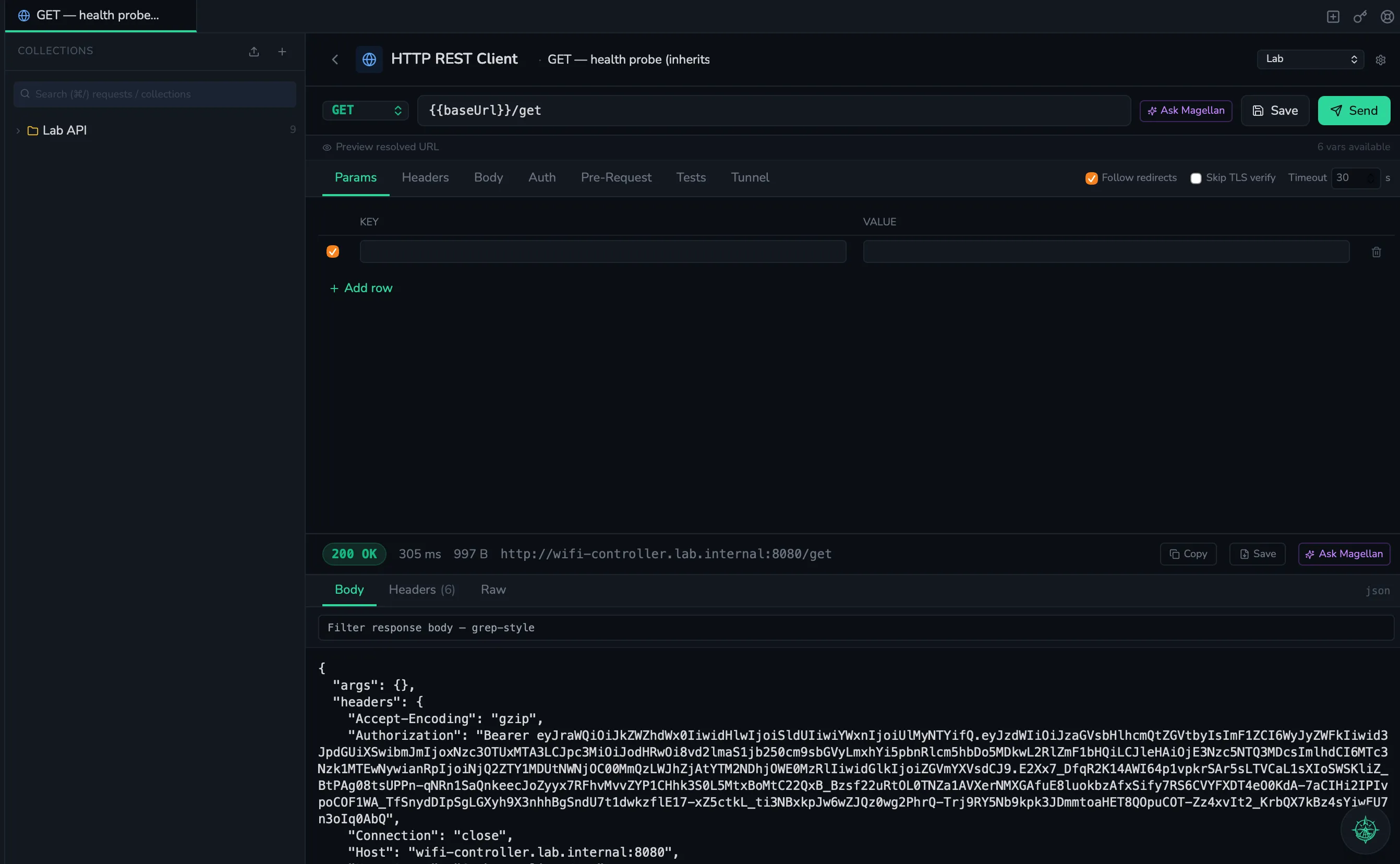 ShellYard HTTP REST request with response, headers, and timing breakdown — routed through an SSH session.