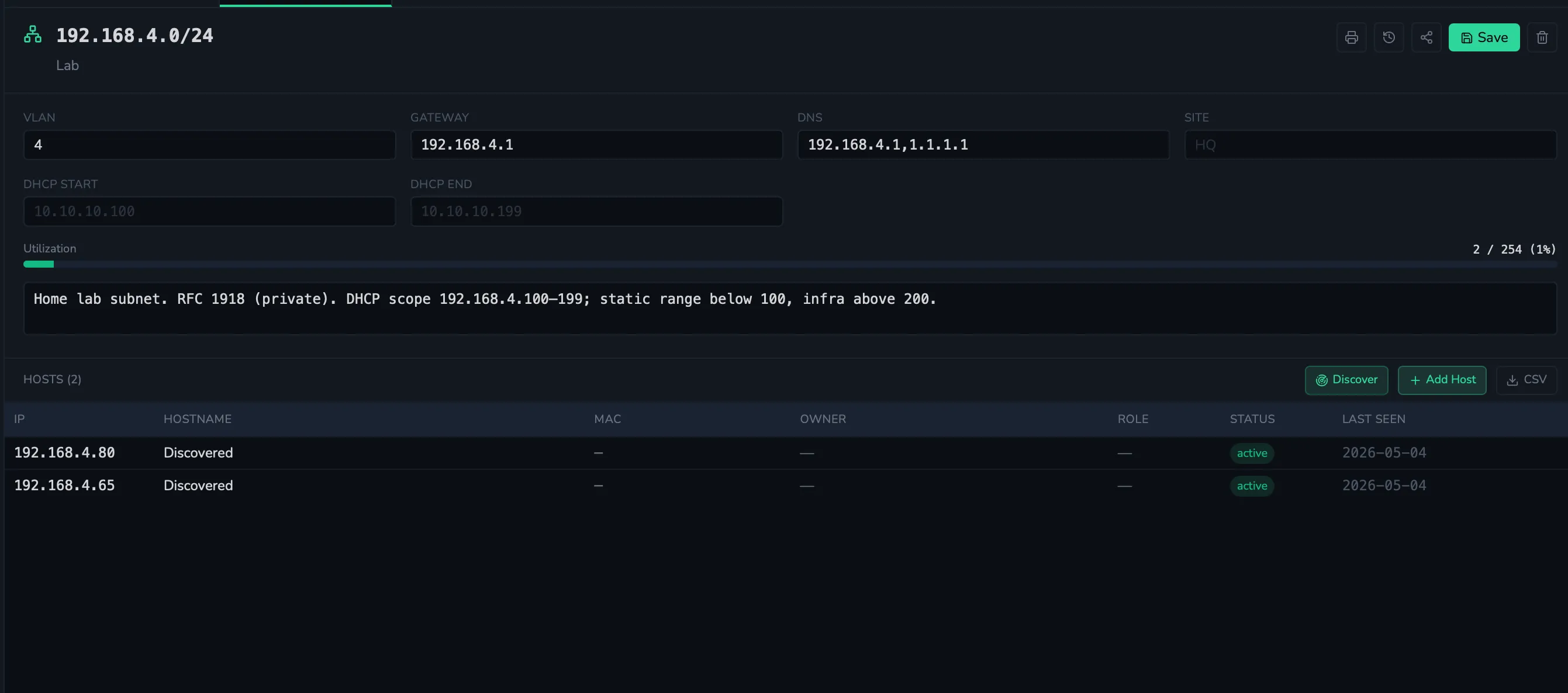 ShellYard IPAM — subnets and host inventory for a client Space.