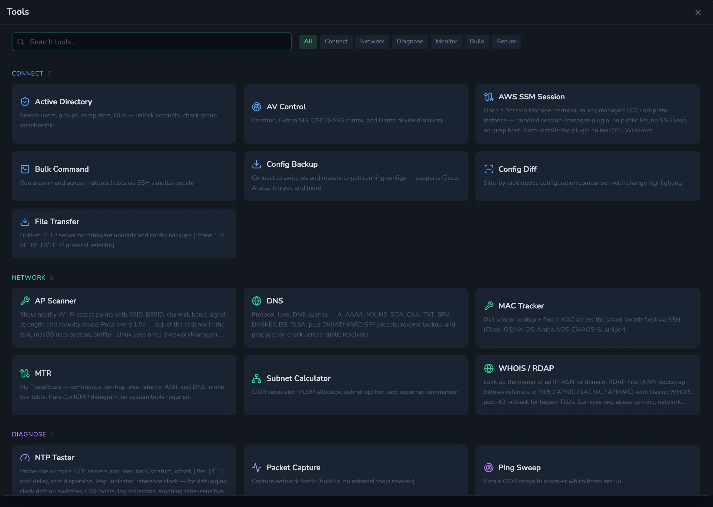 ShellYard network diagnostics tool grid — every utility in one window.