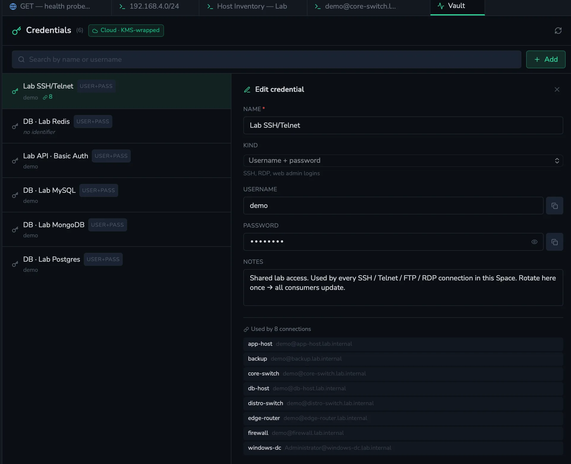 ShellYard vault detail — credential metadata visible, encrypted secret revealed only on demand.